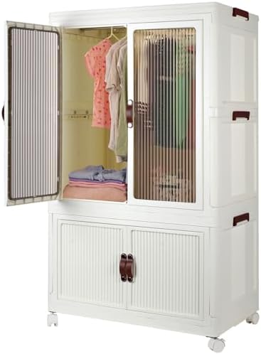 FozsKeylf Stackable Closet Storage Bins, Collapsible Clothes Organizers, Portable Wardrobe Closet with Lids and Doors, Movable Clothes Storage with Coat Hangers, White by FozsKeylf