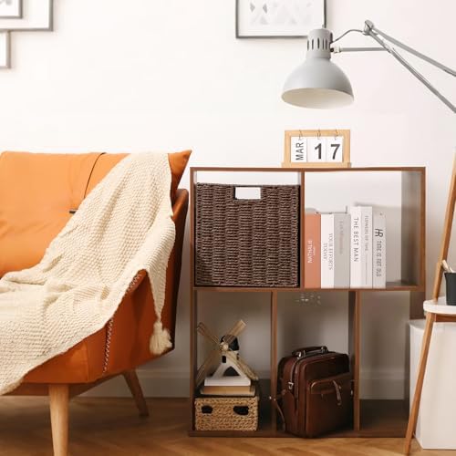 12x12x12 Inch Wicker Storage Basket, Set of 2 Hand-Woven Paper Rope Wicker Baskets, Foldable Cube Storage Bins, Brown Storage baskets Cubes, Square Baskets for Organizing Shelves Decor - Image 6