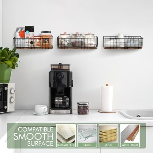 Wall Hanging Baskets, 3 Wooden Wire Bins with Hooks & Adhesive Mount(Extra) - Image 7