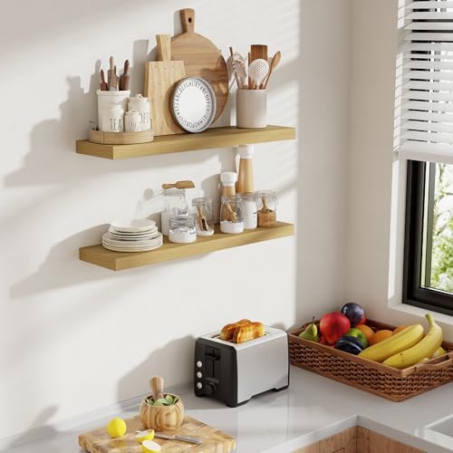 Acovy 30 Inch Floating Shelves, 8 Inch Deep Floating Shelves for Wall, Hanging Shelf with Invisible Brackets, Deep Shelves for Bathroom, Bedroom, Living Room, Oak, Set of 2 - Image 2