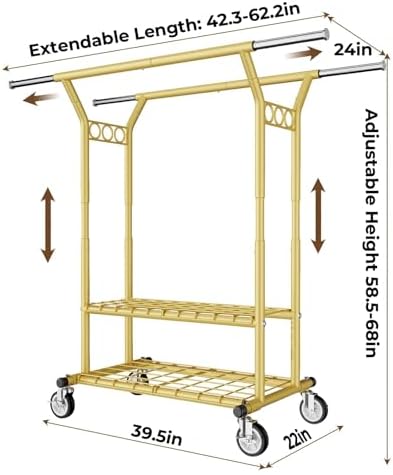 HYSEYY Heavy Duty Clothes Rack, Rolling Clothing Racks With Shelves Load 620 LBS, Double Rod Clothing Racks for Hanging Clothes, Portable& Adjustable Clothes Rack with Wheels Garment Rack,Gold - Image 6