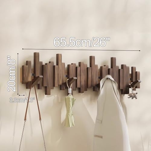 Wooden Coat Hooks Wood Wall Mounted Piano Coat Rack Flip Down Hook Rack Coat Rack Wall MountMulti Functional Space Saving Wall Organizer(Walnut,65.5cm/26") - Image 2