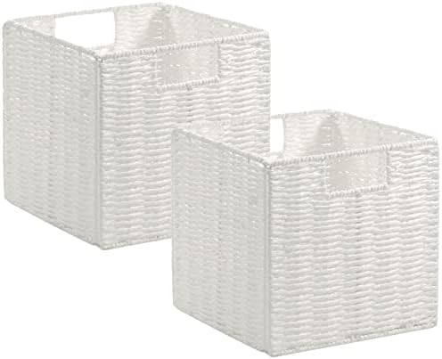 Vagusicc Wicker Storage Basket, Set of 2 Hand-Woven Wicker Baskets for Organizing, Foldable Cube Storage Basket Bins, 13 Inch Large Wicker Storage Baskets for Shelves & Decor, White (13''x13''x13'') by Vagusicc