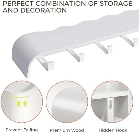 Coat Rack Wall Mount with Shelf Entryway Shelf Modern Key Holder Hanger Wall Shelves with Hidden Hooks for Hanging Towels Coats Hats Bags for Hallway Bathroom Bedroom (Wavy White, 8 Hooks) - Image 5