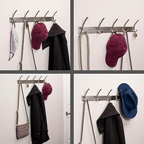 BIRDROCK HOME Premium 5-Hook Stainless Steel Coat and Hat Rack for Wall - Set of 2 - Front Door Organizer - Mounted Hanger for Jackets, Clothes, Hats, Towel - Silver Dual Hooks - Brushed Nickel Finish - Image 2