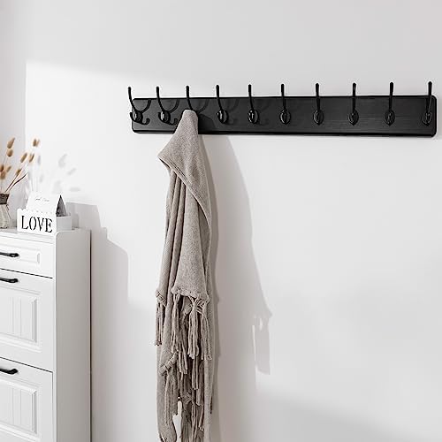 SKOLOO Rustic Wall Mounted Coat Rack, 10 Hooks, 38", Solid Wood, Black - Image 2