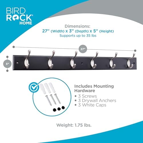 BIRDROCK HOME Oval Hook Coat and Hat Rack | 6 Hooks | 2 Pack | Wall Mount | Black Finish | Satin Nickel Hooks - Image 3