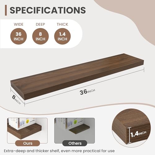 Acovy 36 Inch Floating Shelves, 8 Inch Deep Floating Shelves for Wall, Hanging Shelf with Invisible Brackets, Deep Shelves for Bathroom, Bedroom, Living Room, Walnut, Set of 2 - Image 3