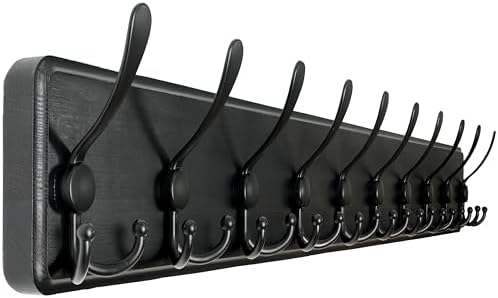 WEBI Coat Rack Wall Mount,38 9/16" Long,10 Tri Hooks for Hanging Coats,16" Hole to Hole,Coat Hooks Wall Mounted Coat Hanger,Farmhouse Wood Hook Rack for Clothes,Jacket,Hats,Rustic Black by WEBI