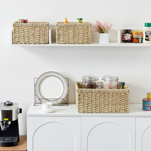 Vagusicc Wicker Basket, Set of 3 Hand-woven Storage Baskets for Organizing, Seagrass Wicker Storage Basket Bins with Handles, Small Toilet Paper Storage Baskets for Shelves Pantry Baskets (Seagrass) - Image 4