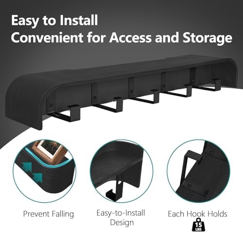 Coat Rack Wall Mount with Shelf 5 Hidden Hooks Modern Wooden Key Holder Entryway Organizer for Hallway Bedroom Bathroom Home Decor Storage for Hanging Coats Hats Bags Towels, Black - Image 4