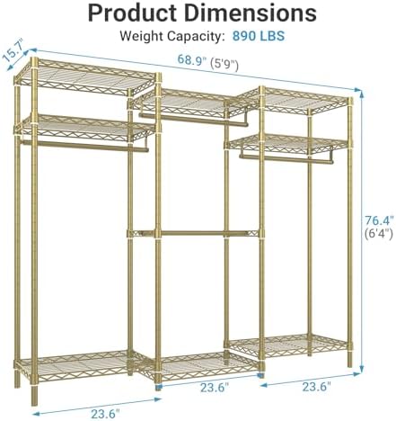 VIPEK V5i Garment Rack Heavy Duty Clothes Rack, Portable Closet Wardrobe Bedroom Armoires Freestanding Clothing Rack with 8 Adjustable Shelves & 4 Hang Rods, 68.9" L x 15.7" W x 76.4" H, Gold - Image 6