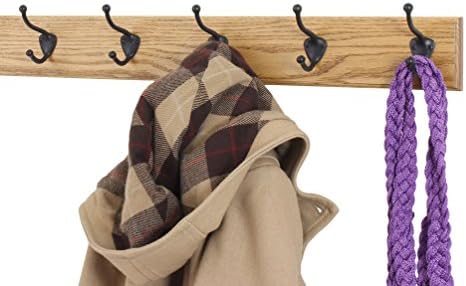 Oak Coat Rack with Oil Rubbed Bronze Hat & Coat Style Hooks (Golden Oak, 25.5" x 3.5" with 5 Hooks) - Image 2