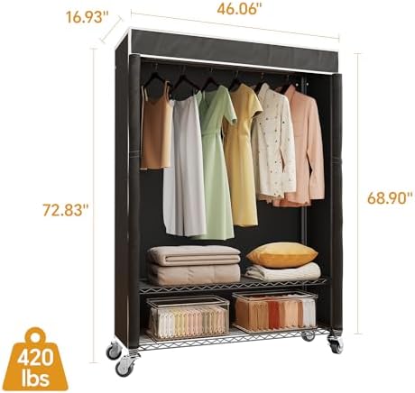 Higeego H4 Plus Rolling Clothes Rack with Cover, Black - Image 4