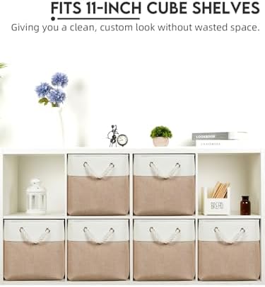 Temary 6-Pack Cube Storage Bins, 11 Inch Foldable Fabric Storage Cubes with Cotton Rope Handles, Sturdy Linen Organizer Baskets with Metal Frame for Shelves, Closet, Nursery (White&Khaki) - Image 4