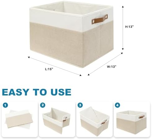 6 Pack Large Fabric Storage Baskets with Handles (White with Beige,15" L*13" W*13" H) - Image 2