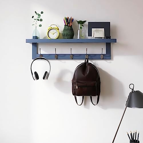 SMIBUY Coat Hooks with Shelf Wall-Mounted, 29.2 Inch Entryway Coat Rack for Wall, Bamboo Hanging Shelf with 5 Double Metal Hooks for Bathroom, Bedroom, Kitchen, Living Room, Mudroom (Grey) - Image 2
