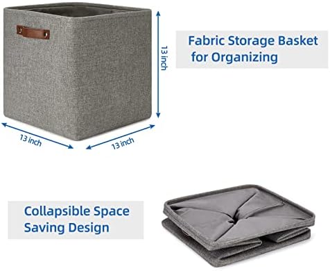 Temary Storage Baskets 13 Inch Fabric Storage Cubes for Shelves Set of 4 Storage Cube Bins for Home, Office, Storage Organizers for Toys with Leather Handles(Grey) - Image 7