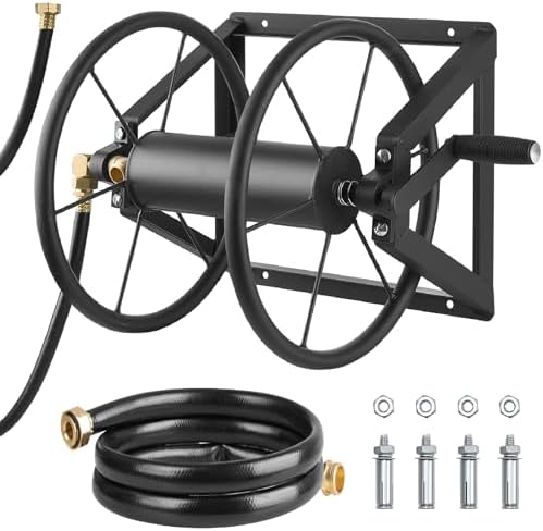 VEVOR Wall Mounted Garden Hose Reel, Holds 200 ft 5/8-inch Manual Water Hose Winder, Heavy-Duty Steel, Outdoor Reel with Brass Fitting & 5ft Leader Hose, Space Saving, for Yard Lawn Garage by VEVOR