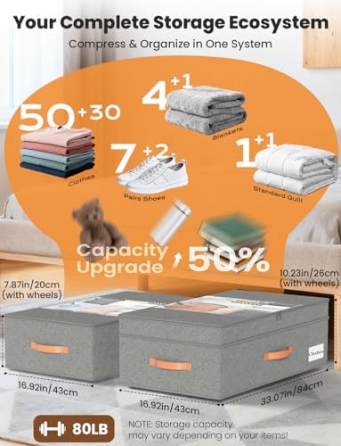 TOSKING 2-Pack Under Bed Storage Drawers with Wheels, 6 Vacuum Bags, Adjustable Height 7.9-10.2", Large 90L/80 lbs Clear Lid, 900D Oxford, Space Saver for Dorm Bedroom, Blankets, Clothes, Shoes, Gray - Image 4