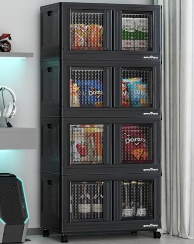BROVIEW 320Qt Storage Bins with Lids, 80Gal Plastic Stackable Collapsible Storage Bins with Doors Wheels, Closet Organizers and Storage, Foldable Box Cabinet for Home Office Garage, 4Pack Black Cube by BROVIEW-EnjoytheArtofLife