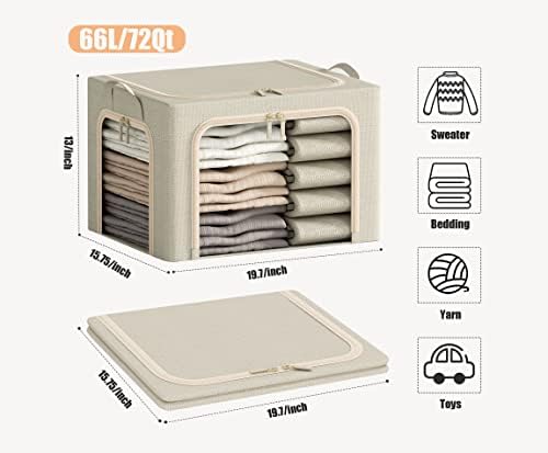 3 Openings Large Clothes Storage Bins with Metal Frame, Foldable Storage Bin for Clothes,Clothing Storage Bins with Lid, Linen Storage Box With Clear Window＆ Zippers＆ Durable Handles.(3 Pcs,Beige,66L) - Image 6