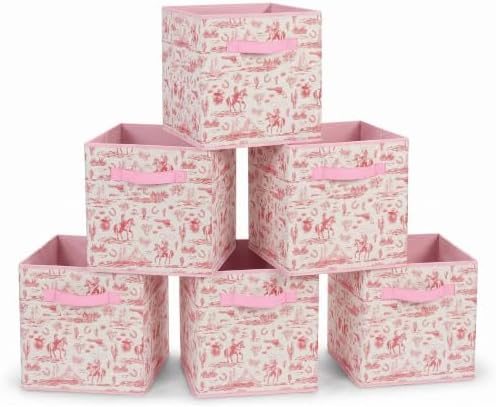 6 Pcs Pink Western Cube Storage Bins 12.5 Inch Cowgirl Storage Basket with Handle, Preppy Girls Organizer Basket, Collapsible Fabric Box for Classroom Bedrooms Office Home Decoration (Pink western) by BBSET