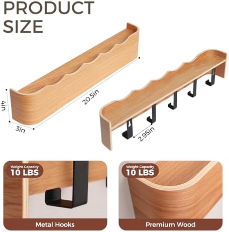 Coat Rack Wall Mount with Shelf Entryway Shelf Modern Key Holder Hanger Wall Shelves with Hidden Hooks for Hanging Towels Coats Hats Bags for Hallway Bathroom Bedroom(Wavy Oak, 5 Hooks) - Image 2