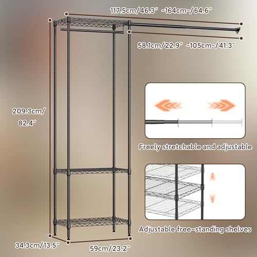 MZG Closet Organizer System, Freestanding Closet Storage System with Expandable Hanging Rod & Wire Shelves, No-Drill Closet Kit for Small Spaces, Bedroom & Apartment (13.8"D x 63.3"W x 82.4"H) - Image 2