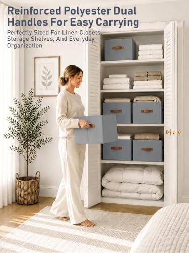 6 Pack Large Closet Storage Baskets Bins for Shelves, Collapsible Fabric Closet Organizers and Storage with Polyester Handles, Decorative Baskets for Organizing Clothes, Towels, Linen Closet 16x12x10" - Image 2
