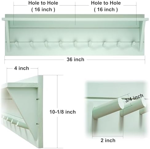 WEBI Coat Rack Wall Mount with Shelf,36" Long Entryway Wall Shelf with Hooks Underneath,9 Peg Hooks for Hanging Coats,Caps,Jacket,Clothes,Light Green - Image 3