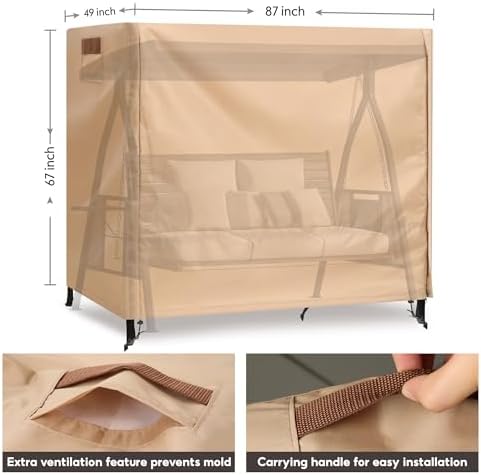 Outdoor Swing Covers for Patio Swing 3 Seater, 87" L x 49" D x 67" H, 3 Seat Cover Waterproof, Porch Patio Canopy Cover, Windproof UV Resistant All Weather Protector - Beige - Image 2