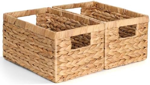 Set of 2 Wicker Shelf Storage Baskets for Organizing - Natural Durable Water Hyacinth Woven Basket Pantry Bin Organizers for Shelves with Handles for Home & Decor Organization, 12.5” x 8” x 6.5” by Storage+Standard
