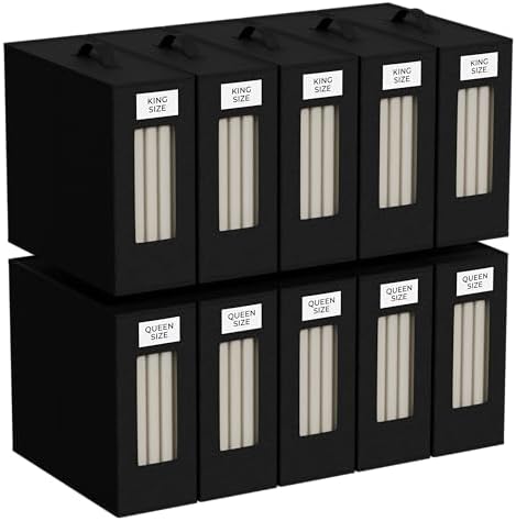 TIMBLE Bed Sheet Organizers & Storage, 10 Pack for King, Queen & Large Sheet Sets, Closet Organizer for Linens, Clothes, Blankets & Bedding, Foldable Fabric Bins with Handle, Name Tag & Window (Black) by Unknown