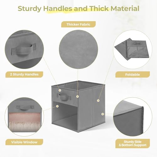 Storage Bins with Clear Window, 13x13 Storage Cubes, Collapsible Cube Storage Box, Fabric Closet Organizers with Handles for Home, Office, Shelf, Closets, Living Room, Grey, 12 Pack - Image 4