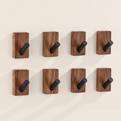 8 Pack Wooden Wall Hooks for Hanging, Adhesive Mounted & Wall Mounted Boho Decorative Walnut Wood Coat Hooks for Towel Clothes Blanket Hat Backpack Robe Nursery Door Board Entryway Key Holder by LECHYN