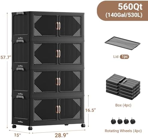 BROVIEW V60 560QT Plastic Stackable Storage Bins with Lid, 4Pack Black - Image 2