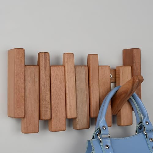 Beech Piano Key Coat Rack with 4 Flip Hooks, Natural - Image 6