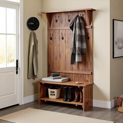 Alaterre Bethel Rustic Solid Wood Entryway Hall Tree with Bench, Natural - Image 7