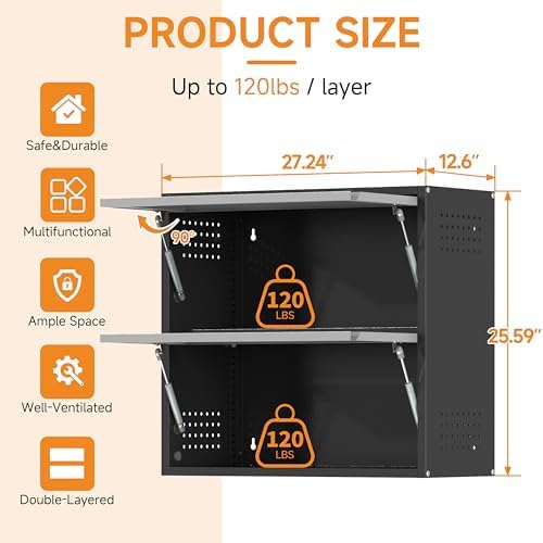 Metal Garage Wall Cabinet with Up-Flip Door, Black Float Tool Cabenit with 2 Doors,Upper Storage Cabinets with Pegboard for Kitchen,Garage,Workshop,Warehouse (25.6" H,Black&Gray) - Image 3