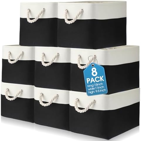 meekoo 8 Pack Fabric Storage Bins Baskets, 15 x 11 x 9.5 in, Black White by meekoo