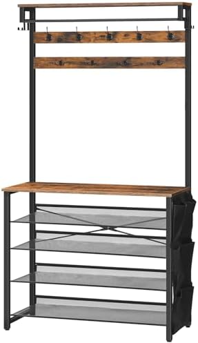 HOOBRO Hall Tree with Bench, Entryway Coat Rack with Shoe Rack, 39.4" Shoe and Coat Rack, 5 Tier Shoe Storage Organizer with Oxford Fabric Side Pockets, Adjustable Mesh Shelves, Rustic Brown BF76MT01 by HOOBRO