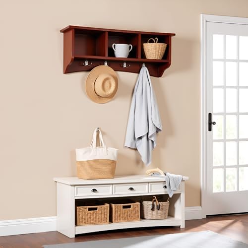 Shaker Cottage Wall-Mounted Coat Rack with 3 Storage Cubbies and 4 Hooks – 36" Space-Saving Entryway Organizer, Mudroom and Hallway Wall Shelf by Alaterre Furniture (Cherry Finish) - Image 5