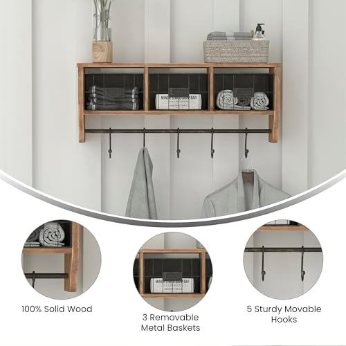 Merrick Lane Enid Wall Mount Storage Rack - Rustic Brown Pine Wood - 24" Wide - Upper Shelf - 5 Hooks - Wire Baskets - For Entryway, Kitchen, Bathroom - Image 4