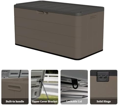 ZZM 110 Gallon Outdoor Deck Box with Wheels, Waterproof Resin Storage Cabinet for Patio Cushion and Tools, Lockable Storage Box, Coffee - Image 5