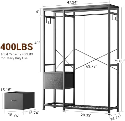 Lulive Clothes Rack with 2 Rods, Shelves, Drawers & Hooks, Garment Rack - Image 4