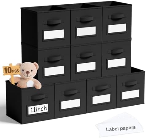 Teenyyou 10 Pack Fabric Storage Cubes 11 Inch Collapsible Cube Bins with Label Window & Handle Foldable Organizers Baskets for Shelf Closet Nursery Kids Room Clothes Book Toy(Black) by Teenyyou