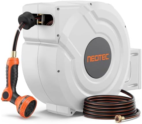 5/8 inch 100ft Retractable Garden Hose Reel with Any-Length Lock Slow Auto Rewind Heavy Duty Hose Reel With 9-Pattern Nozzle 180° Swivel Bracket UV Resistant Wall Mounted Hose Reel for Outside by Unknown