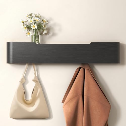 Wall Mounted Coat Rack with Shelf, Wooden Entryway Organizer with Hidden Metal Hooks for Hanging Coats Bags Keys, Modern Floating Shelf for Hallway Bathroom by VERASCOT
