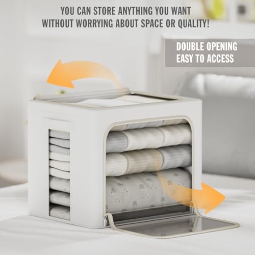 FHSQX 2 Pack Clear Window Storage Bins Large Stackable Linen Fabric Storage for Clothes Foldable Container Organizer Set with Carrying Handles (Lvory White, 19.7x 15.7x 12.6 Inch) - Image 2